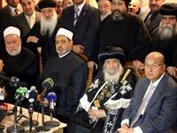 Pope Shenouda III of Alexandria, Egyptian Grand Imam of Al-Azhar Ahmed al-Tayeb, Egyptian Mufti Ali Gomaa and Egypt’s Minister of Awqaf (religious endowments) Mahmud Hamdi Zaqzuq hold a joint press conference at the al-Abasseya Cathedral.
