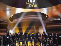 FIFA World XI award including Cristiano Ronaldo,Maicon,Lucio,Gerard Pique,Iker Casillas, front row L to R: David Villa,Lionel Messi,Wesley Sneijder,Xavi,Andres Iniesta,Puyol.