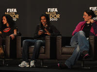 Birgit Prinz (R) of Germany, Marta (C) of Brazil and Fatmire Bajramaj (L) of Germany all contenders for women player of the year. 