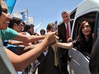 P.Cristina Kirchner greeting supporters during the inauguration of the school "President Nestor Kirchner" next to San Juan province Governor, Jose Luis Gioja. Argentine diplomats pointed out the seriousness of the US documents offending President Cristina Kirchner which were released by Wikileaks.