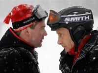 Russian President Dmitry Medvedev (L) and Prime Minister Vladimir Putin talking while skiing in Krasnaya Polyana near the Black Sea resort of Sochi. US diplomats refer to Russian President Dmitry Medvedev as a hesitant leader and Prime Minister Vladimir Putin as an "alpha male".