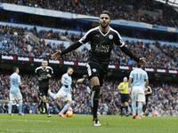 Leicester City's Algerian midfielder Riyad Mahrez celebrates scoring his team's second goal during the English Premier League football match against Manchester City at the Etihad Stadium in Manchester, north west England, on February 6, 2016. 