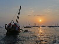Emirati competitors sail their dhows as they take part in the Dalma Sailing Festival. (KARIM SAHIB / AFP)