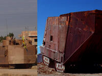 With no foreign government sponsors, the Kurdish People’s Protection Units (YPG) are seriously lacking in heavy ordnance, so they manufactured their own. DIY tanks like this one are pretty useless in battle, and are mostly used as ambulances. Fortunately, they hung a YPG flag on the front, so you don’t mistake them for Jawas.