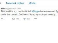 غرّدت الفنانة اللبنانية اليسا على حسابها الرسمي على “تويتر” منددة بقصف قوات النظام للمدينة. وقالت في تغريدة باللغة الانجليزية بما معناه أن “العالم قاسٍ حتى يترك حلب وحيدة وهي تحترق، فيما السوريون يموتون تحت تأثير البراميل، فليحفظ الله سوريا بلد والدتي”.