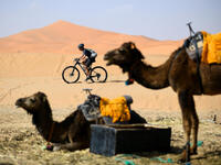 A competitor rides during a training session on April 27, 2019, on the eve of the start of the 14rd edition of Titan Desert 2019 around Merzouga in Morocco. Titan desert 2019, a mountain bike race (640km) snakes between Merzouga and Maadid from April 28 to May 3. FRANCK FIFE / AFP