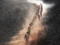 Competitors ride their bikes during Stage 4 of the 14th edition of Titan Desert 2019 mountain biking race between Merzouga and M’ssici, in Morocco, on May 1, 2019.  FRANCK FIFE / AFP