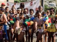 Young women dressed up in traditional attire sing and chant during an audition organised by the Indoni Culture School in the South African city of Durban. Rajesh JANTILAL / AFP
