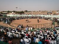 Sudanese wrestlers fight during a traditional Nuba wrestling match at the Haj Youssef stadium in the district of Khartoum.  Yasuyoshi CHIBA / AFP