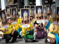 Well-wishers hold pictures of Thailand's King Maha Vajiralongkorn during a procession near the Grand Palace to pay their respects to the King in Bangkok on May 7, 2019.  Jewel SAMAD / AFP