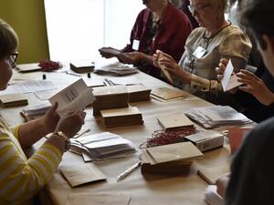 Election officials count pre-votes of the European parliament elections in Helsinki, Finland on May 26, 2019. (Emmi Korhonen / Lehtikuva / AFP)