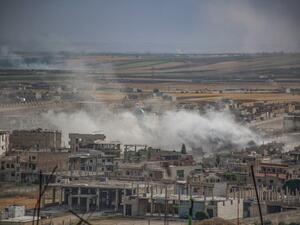 Plumes of smoke rise following reported Syrian government forces' bombardment on the town of Khan Sheikhun in the southern countryside of the jihadist-held Idlib province, on June 5, 2019.  Anas AL-DYAB / AFP