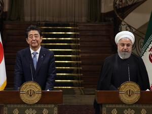 Iranian President Hassan Rouhani (R) and Japanese Prime Minister Shinzo Abe, give a joint press conference at the Saadabad Palace in the Iranian capital Tehran on June 12, 2019. (AFP/ File)