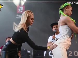 Russian model Anastasia Zolotaya delivers a powerful blow to her opponent's rear end at the Yashankin Cup. (Daily Mail)