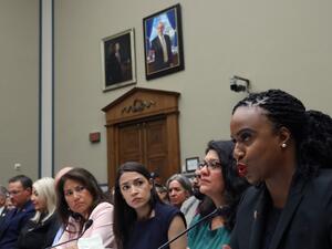 Rep. Ayanna S. Pressley (D-MA) (R) testifies before a House Oversight and Reform Committee hearing on "The Trump Administration's Child Separation Policy: Substantiated Allegations of Mistreatment." with (L-R) Rep. Veronica Escobar (D-TX), Rep. Alexandria Ocasio-Cortez (D-NY) and U.S. Rep. Rashida Tlaib, (D-MI) July 12, 2019 in Washington, DC. (AFP)