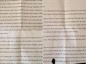 A bride-to-be has baffled the internet with her extremely detailed wedding invitation - which even outlines the four types of cookies she will serve at the reception. (Facebook)