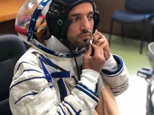 Hazzaa AlMansoori and Sultan AlNeyadi undergoing a fit check of their #Sokol space suits and the Soyuz seat liner at the Zvezda facility in Moscow.(@mbrspacecentre/Twitter)