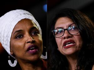 Democrat US Representatives Ilhan Abdullahi Omar (L) and Rashida Tlaib during a press conference, to address remarks made by US President Donald Trump earlier in the day, at the US Capitol in Washington, DC on July 15, 2019. (AFP/ File Photo)