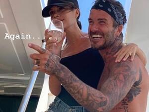 David and Victoria Beckham (left) looked happier than ever another onboard a yacht as they continued to document their idyllic trip to Puglia (Instagram)