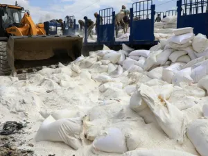 The Houthis used diggers to break up sacks of maggot-ridden rice and flour. (AFP/ File Photo)
