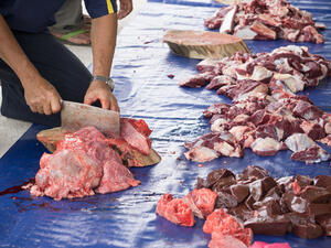 Close-up of muslim man butchers trimming a buffalo cow meat to be distributed to muslims in needs during Eid Al-Adha Al Mubarak (Shutterstock)	