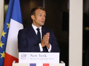 French President Emmanuel Macron speaks during a press conference after the 74th Session of the United Nations General Assembly at the French mission to the United Nations in New York, September 24, 2019. (Ludovic MARIN / AFP)