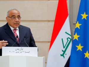 Iraq's Prime Minister Adel Abdul Mahdi speaks during a joint statement with French President at the Elysee Palace in Paris, on May 3, 2019. (AFP)