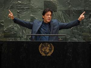 Pakistani Prime Minister Imran Khan speaks during the 74th Session of the General Assembly at UN Headquarters in New York. (TIMOTHY A. CLARY / AFP)