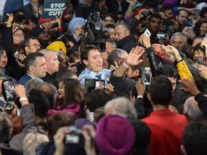 Leader of the Liberal Party of Canada, Prime Minister, Justin Trudeau, greets his supporters during a "Team Trudeau 2019" Rally at the Woodward’s Atrium in Vancouver B.C. on October 20, 2019. (Don MacKinnon / AFP)