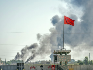 The Kurdish-controlled but mainly Arab border town of Tal Abyad is one of the areas that have taken the brunt of the Turkish offensive into northeastern Syria, now in its third day (AFP)