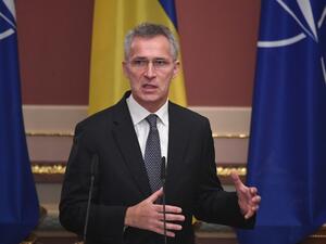NATO Secretary General Jens Stoltenberg speaks during a joint press conference with Ukrainian president following a meeting in Kiev on October 31, 2019. Sergei SUPINSKY / AFP