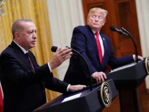 US President Donald Trump and Turkey's President Recep Tayyip Erdogan (L) take part in a joint press conference in the East Room of the White House in Washington, DC on November 13, 2019. President Donald Trump greeted his Turkish counterpart Recep Tayyip Erdogan at the White House for a high-stakes meeting Wednesday that underlined his claim to be ignoring the impeachment drama unfolding simultaneously in Congress. MANDEL NGAN / AFP