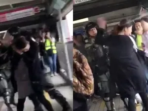 Social media footage shows one Hong Kong riot policeman pepper-spraying a woman  in the face in front of a screaming crowd. The victim is seen with an obvious baby bump in the clip. (Twitter)