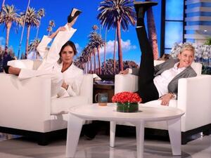 Victoria Beckham showed off her signature pose in a very chic suit (Twitter)