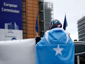 Activists protest the treatment of Uyghur Muslims by Chinese authorities in Xinjiang province at a protest outside the headquarters of the European Union. (Shutterstock/ File Photo)