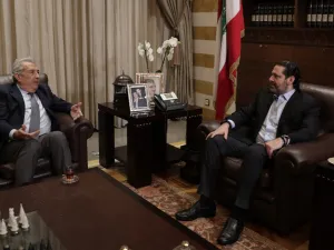 Resigned Lebanese prime minister Saad Hariri (R) meets with Samir Khatib, a Lebanese businessman who is the front-runner to form a new government, in the capital Beirut on December 8, 2019. (AFP/ File Photo)