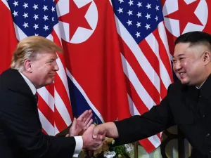 US President Donald Trump shakes hands with North Korean leader Kim Jong-un following a meeting in Hanoi, Vietnam, in February. Photo: AFP