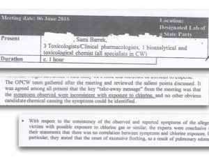 Minutes from an OPCW meeting with toxicologists specialized in chemical weapons: “the experts were conclusive in their statements that there was no correlation between symptoms and chlorine exposure” (Twitter)