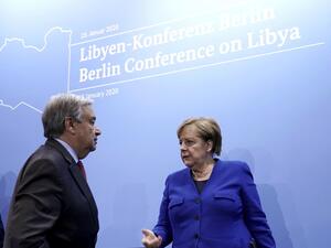 Secretary-General of the United Nations (UN) Antonio Guterres and German Chancellor Angela Merkel leave after a press conference at the end of a Peace summit on Libya at the Chancellery in Berlin on January 19, 2020.  (AFP/ File Photo)