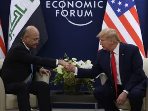 US President Donald Trump speaks with Iraqi President Barham Salih during a bilateral meeting at the World Economic Forum in Davos, Switzerland, on January 22, 2020. JIM WATSON / AFP