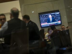 A television screen shows House impeachment manager Rep. Adam Schiff (D-CA) during the Senate impeachment trial of U.S. President Donald Trump, at a hotel on January 22, 2020 in Des Moines, Iowa. (AFP/ File Photo)