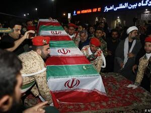 Military personnel carry the casket of Iranian commander Qassem Soleimani upon arrival at Ahvaz International Airport in Iran on January 5, 2020. (HOSSEIN MERSADI/Fars News/AFP)