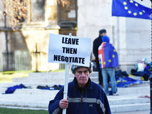 A pro Brexit protestor rooting for a hard Brexit ie the UK 'crashing out' of the European Union without a deal, holding a banner stating 'Leave Then Negotiate'. (Shutterstock/ File Photo)