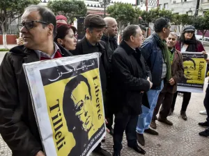 Supporters of Louisa Hanoune, head of Algeria's Workers' Party, gather for a demonstration in the city of Blida, about 45 kilometres southwest of the capital, on February 9, 2020, where Hanoune and Said Bouteflika, the jailed brother of the former president, are due to appear at a military tribunal. Sentenced in September to 15 years in prison for conspiring against the army and the state in Algeria, the 62-year-old brother and powerful advisor to ex-president Abdelaziz Bouteflika as well as two former inte