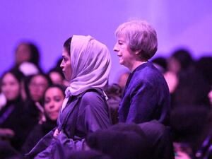Britain's former prime minister Theresa May attends the Global Women's Forum in the Gulf emirate of Dubai on February 16, 2020. KARIM SAHIB / AFP