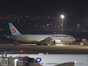 A Korean airplane which arrived from South Korea is pictured after landing at Ben Gurion International Airport on February 22, 2020. Israel refused to allow some 200 non-Israelis to disembark from a plane which arrived from South Korea. AFP