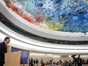 President of the Presidency Council of the Government of National Accord of Libya Faiez Mustafa Serraj delivers a speech at the UN Human Rights Council's main annual session on February 24, 2020 in Geneva. Fabrice COFFRINI / AFP