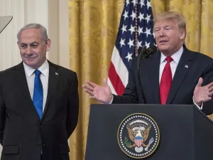US President Donald Trump and Prime Minister Benjamin Netanyahu at a press conference in the East Room of the White House on January 28, 2020, in Washington. (Sarah Silbiger/Getty Images/AFP)