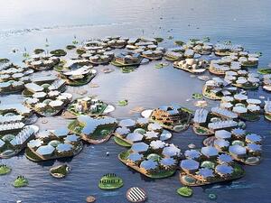 A UN-backed partnership will study the futuristic prospect of floating cities, looking at how platforms at sea might help bail out coastal cities at risk of flooding due to climate change (artist's impression) (Twitter/Oceanix)