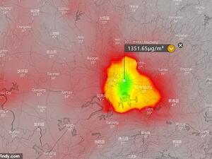This satellite map which was captured at the weekend shows very high levels of sulphur dioxide (SO2) in the city of Wuhan at the centre of the coronavirus outbreak. (Windy.com)